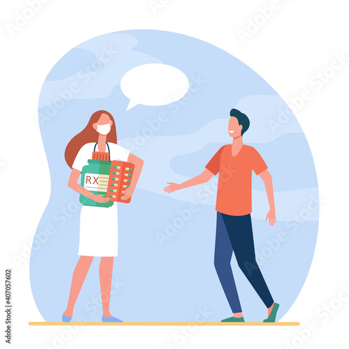 Pharmacist in mask carrying pills to patient. Doctor, prescription, tablet flat vector illustration. Medications and healthcare concept for banner, website design or landing web page