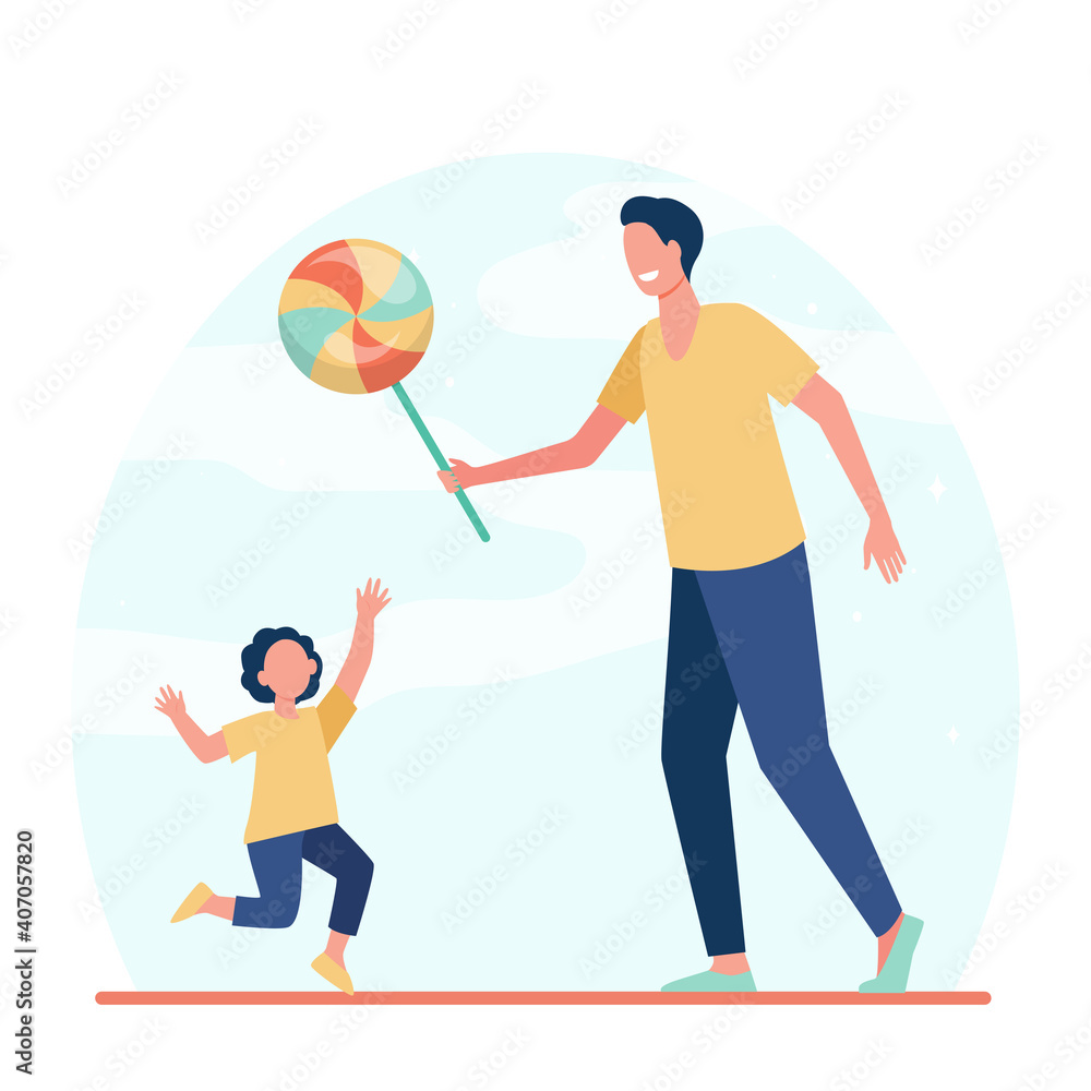 Dad giving candy to son. Huge lollypop, sweet snack, child, kid. Flat vector illustration. Childhood, amusement, entertainment concept for banner, website design or landing web page