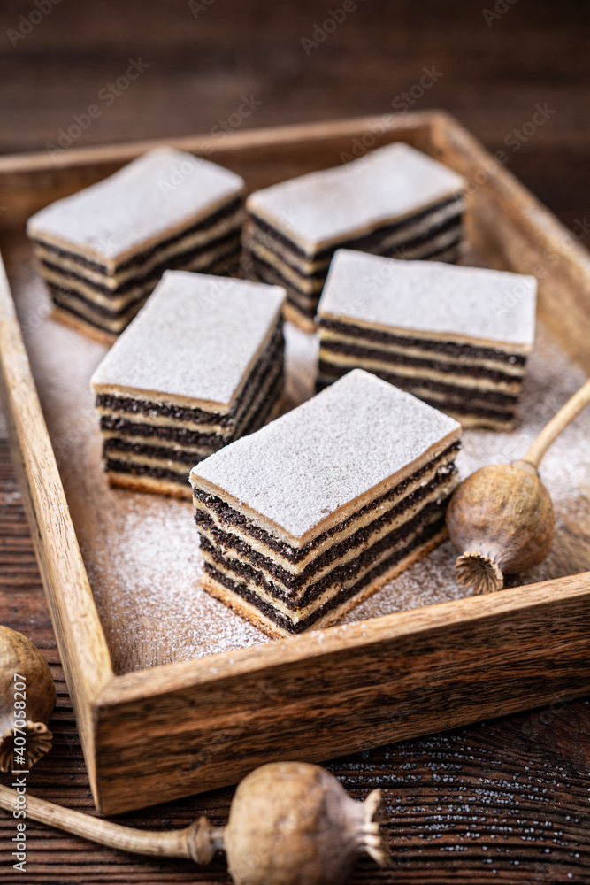 Layered poppy seed cake dusted with powdered sugar Layered poppy seed cake dusted with powdered sugar
