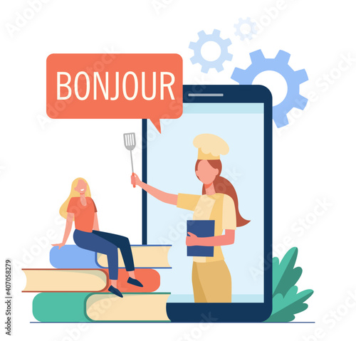 Young woman learning French cuisine online. Stack of books, digital device, chef on screen. Flat vector illustration. Online course, cooking concept for banner, website design or landing web page