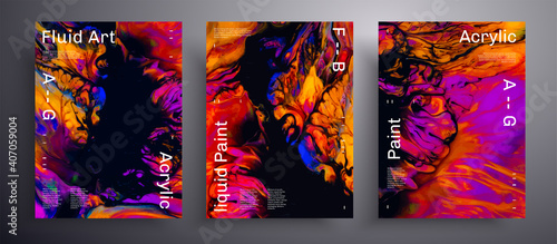 Abstract liquid placard, fluid art vector texture pack. Beautiful background that applicable for design cover, invitation, flyer and etc. Purple, blue, orange and black creative iridescent artwork