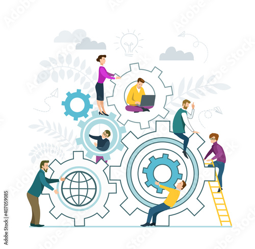 Vector illustration in flat design style. Teamwork. People put together puzzle pieces. Business team, business cooperation and partnership concept.