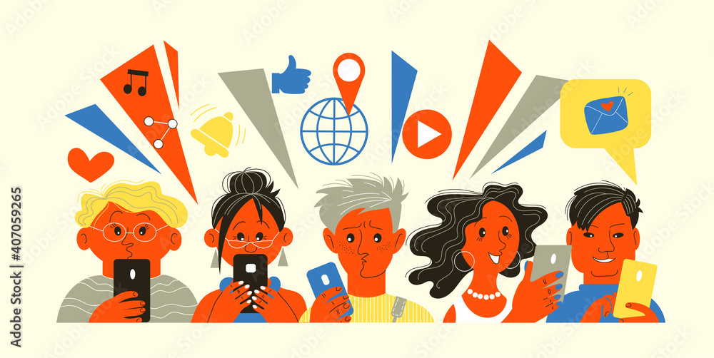 Vector illustration. People hold mobile phones in their hands and use them for different purposes. Phone and social media addiction for today's youth
Vector illustration. People hold mobile phones in their hands and use them for different purposes. Phone and social media addiction for today's youth