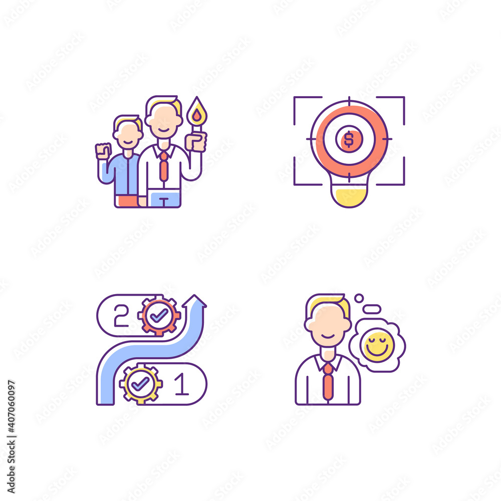 Company mission RGB color icons set. Innovation, project development. Flexibility, business transparency. Service integrity. Core corporate culture. Positive attitude. Isolated vector illustrations Company mission RGB color icons set. Innovation, project development. Flexibility, business transparency. Service integrity. Core corporate culture. Positive attitude. Isolated vector illustrations