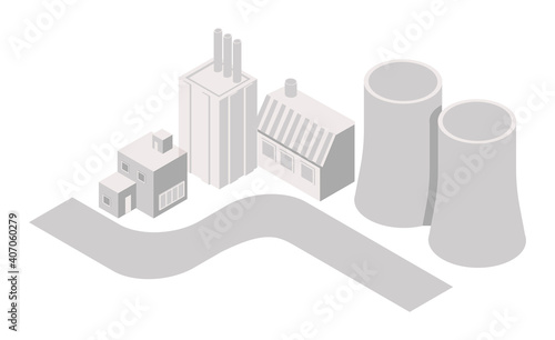 Isometric map of city industrial area with paper white factory and power plant buildings, cooling towers, streets and place for text. Clean infographic design template. Modern vector illustration.