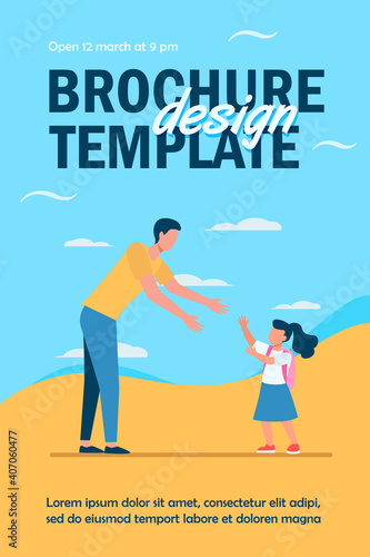 Dad meeting daughter outside. Man and girl walking to each other and reaching hands for hug flat vector illustration. Parent, fatherhood, family concept for banner, website design or landing web page