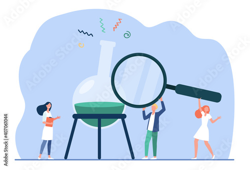 Tiny scientist examining solution in flask. Magnifier, glass, lab flat vector illustration. Medical research and science concept for banner, website design or landing web page