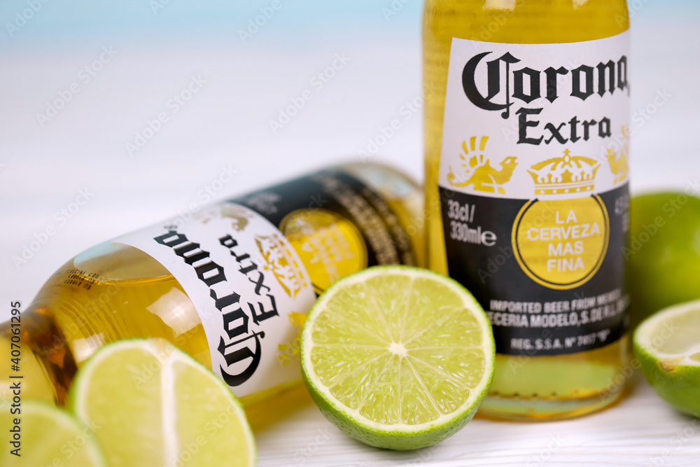 KHARKOV, UKRAINE DECEMBER 9, 2020 Bottles of Corona Extra Beer with
