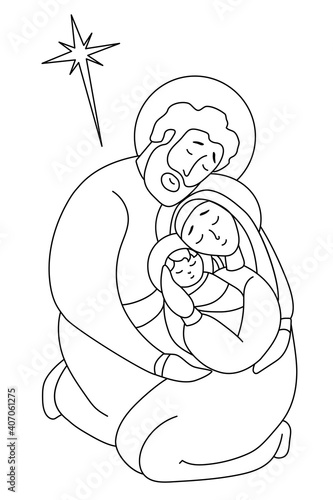 Merry Christmas. Holy Family Virgin Mary and Joseph. The birth of the baby Savior Jesus Christ. Holy night and the star of Bethlehem. Vector. Line, outline. Religious, family holiday concept