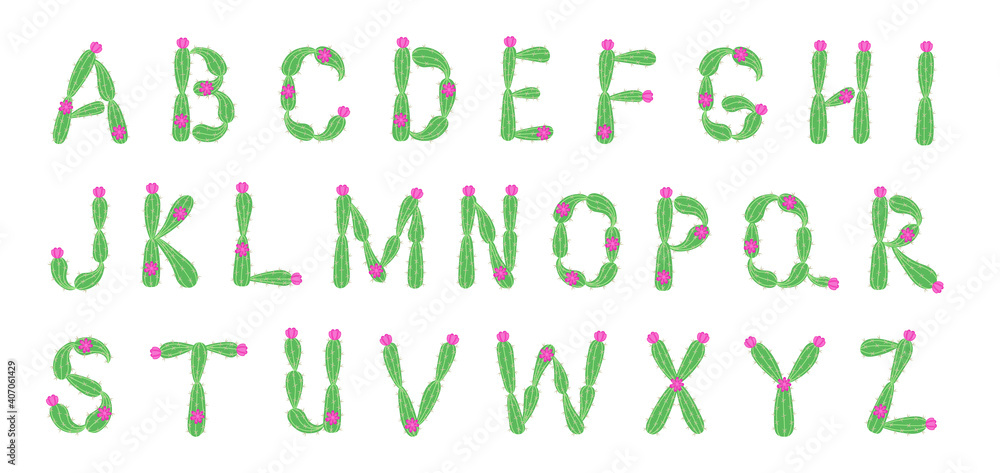 Cute cactus font and alphabet. All letters from a to z included, they are isolated on white background. Can be used to print children poster, flower shop logo any quote or phrase. Digital illustration