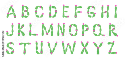 Cute cactus font and alphabet. All letters from a to z included, they are isolated on white background. Can be used to print children poster, flower shop logo any quote or phrase. Digital illustration