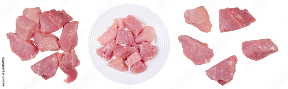 Fresh raw pieces meat on white background isolation, top view Fresh raw pieces meat on white background isolation, top view