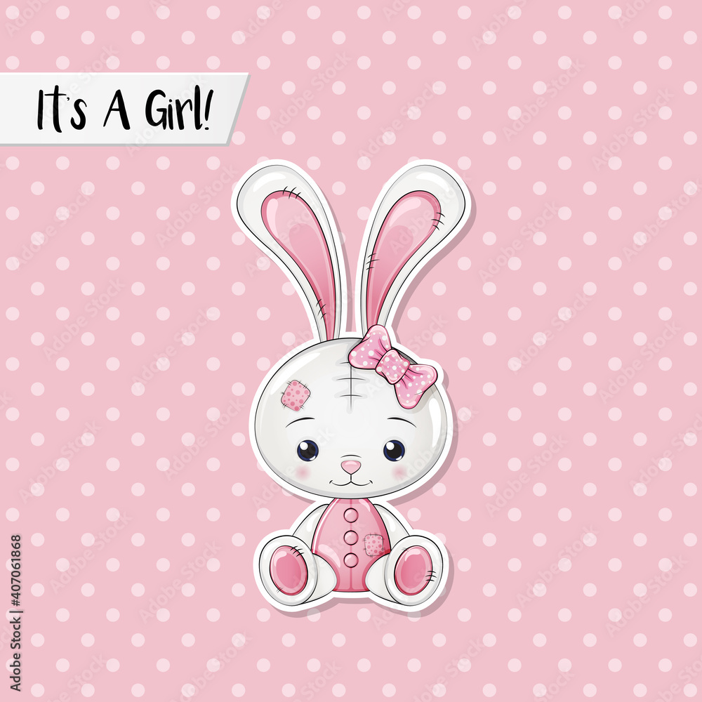 It's A Girll! Greeting card for girls and parents with cute Pink Bunny Toy Rabbit It's A Girll! Greeting card for girls and parents with cute Pink Bunny Toy Rabbit