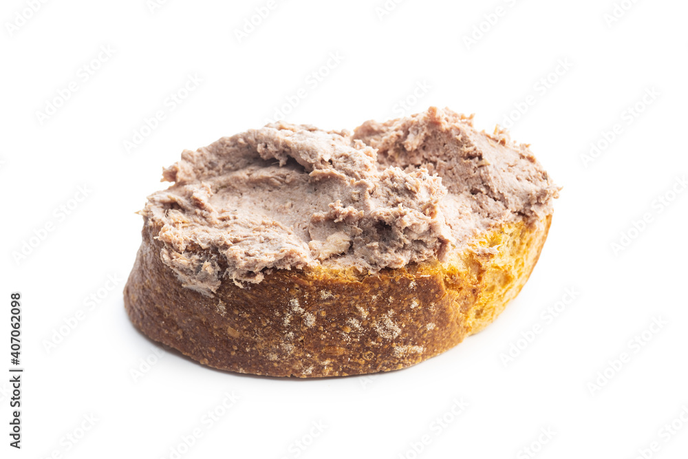 Liver pate on sliced baguette. Liver pate on sliced baguette.