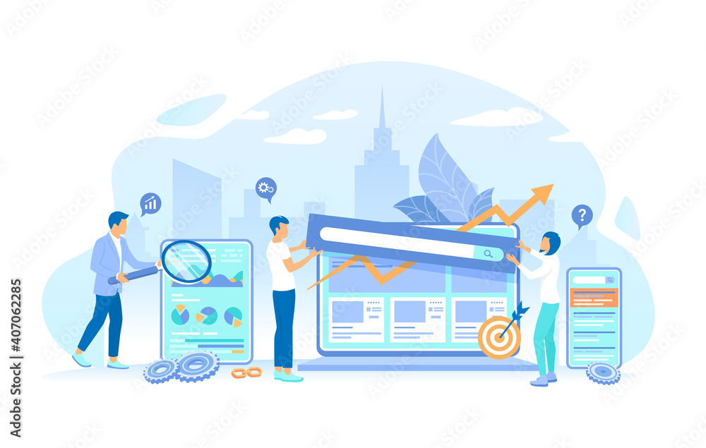 Analytics team works with the site page. Website Optimization, Analysis, Content writing, Keywording, Reporting, Design, SEO, Links building. Vector illustration flat style. Analytics team works with the site page. Website Optimization, Analysis, Content writing, Keywording, Reporting, Design, SEO, Links building. Vector illustration flat style.