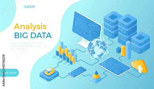 Big Data Analysis. Storage, Machine learning algorithms, Analyzing, Reporting. Server racks, computer, tablet, phone and smartwatch. Isometric vector illustration for website.