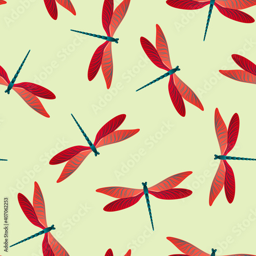 Dragonfly abstract seamless pattern. Summer dress textile print with flying adder insects. Flying