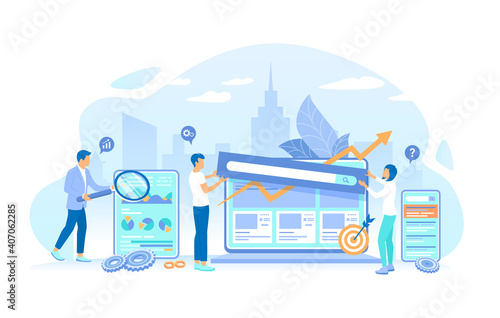 Analytics team works with the site page. Website Optimization  Analysis  Content writing  Keywording  Reporting  Design  SEO  Links building. Vector illustration flat style.