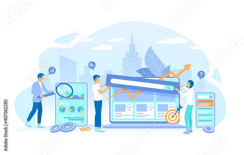 Analytics team works with the site page. Website Optimization, Analysis, Content writing, Keywording, Reporting, Design, SEO, Links building. Vector illustration flat style.