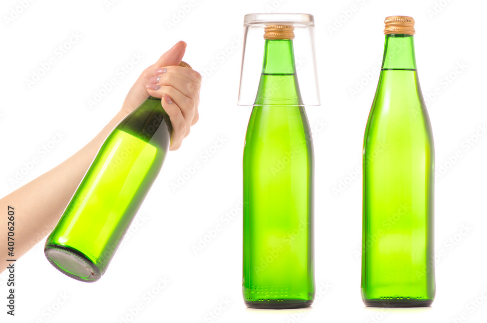 Set glass bottle with soda lemonade on white background isolation Set glass bottle with soda lemonade on white background isolation