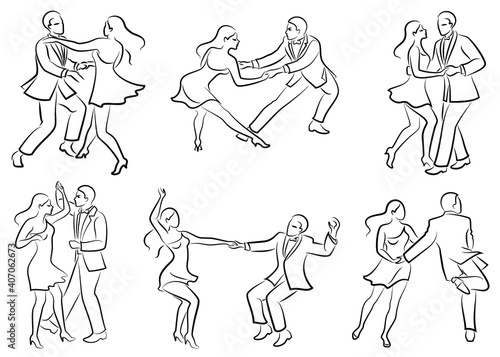 Collection. Beautiful young couple. The girl and the guy are dancing. Creative art. Graphic image. Vector illustration set.
