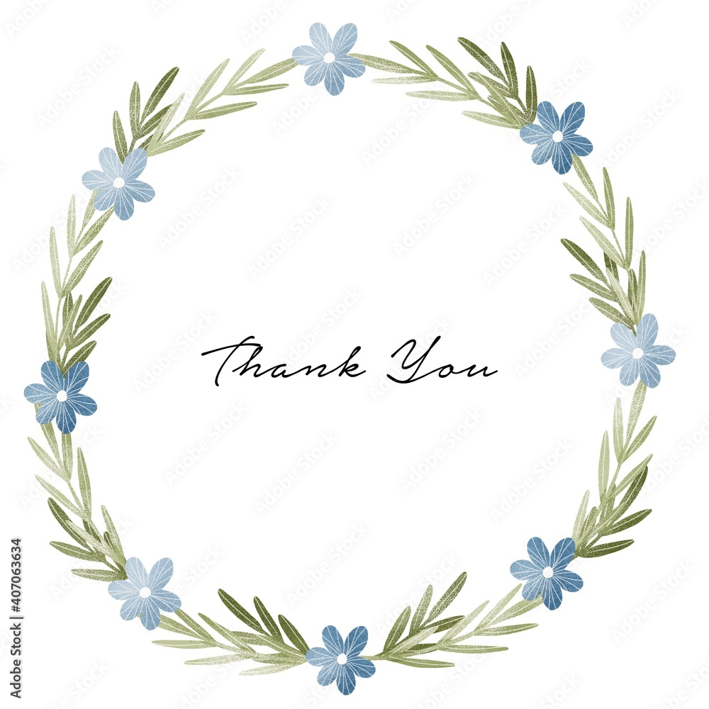 Floral wreath with blue flowers and green leaves. Thank you greeting card. Botanical illustration.