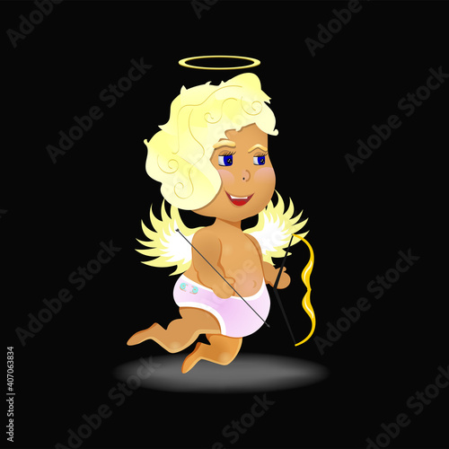 
The cute cupid is depicted on a black background. He has arrows and a bow in his hand, a nimbus hovers above him, and a Cupid symbol of Valentine's Day.