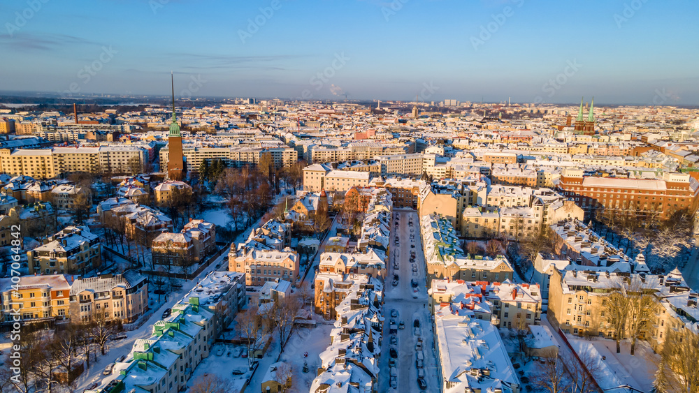 Fototapeta premium Aerial sunset view of Helsinki in winter time, Finland