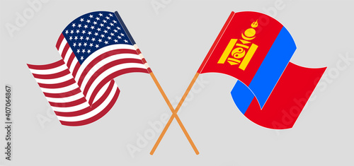 Crossed and waving flags of the USA and Mongolia