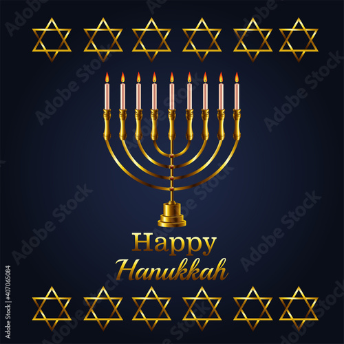 happy hanukkah celebration lettering with golden chandelier and stars