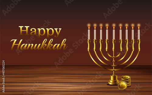 happy hanukkah celebration lettering with chandelier in wooden table