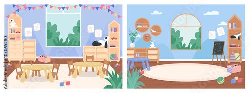 Primary school classroom with no people flat color vector illustration set. Playroom with desks  chairs for children. Kindergarten 2D cartoon interior with furniture and toys on background collection