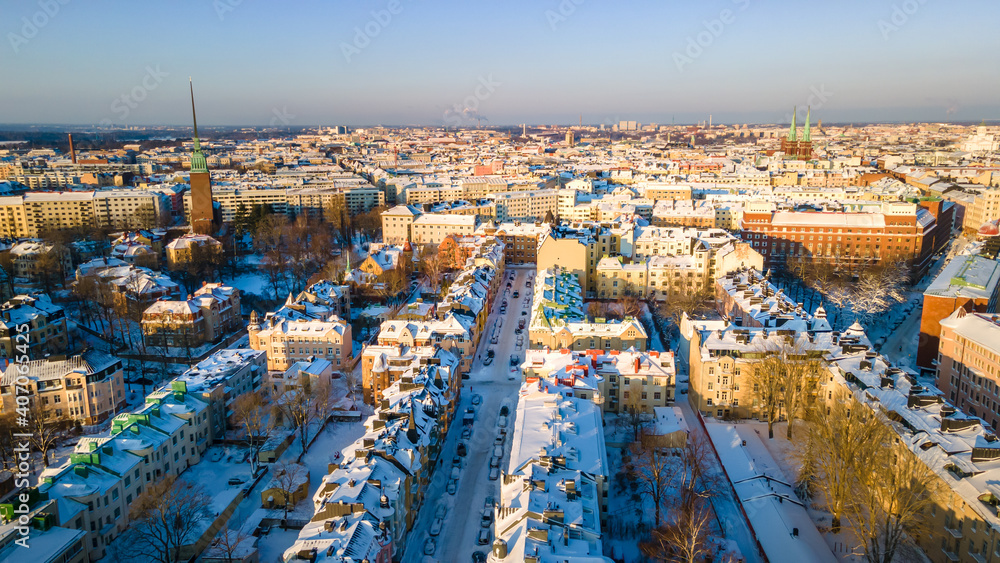Obraz premium Aerial view of Helsinki in winter . Colorful sky and colorful buildings. Helsinki, Finland. 
