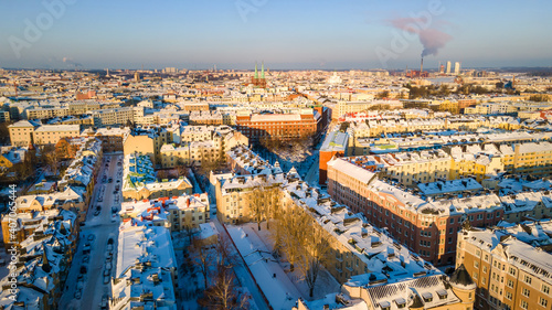 Aerial sunset view of Helsinki in winter time, Finland