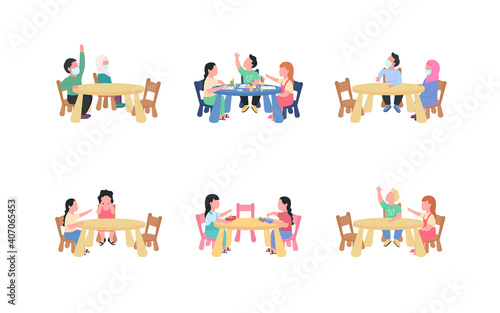 Kindergarten children sitting at table flat color vector faceless characters set. Elementary grade lesson. Preschool class isolated cartoon illustration for web graphic design and animation collection