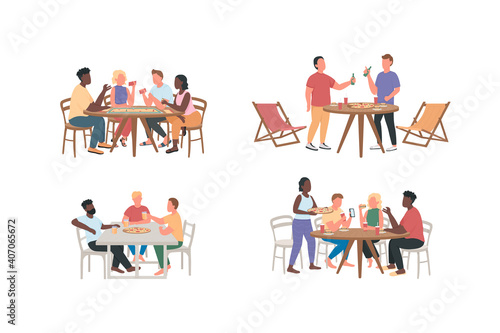 Friends having fun together flat color vector faceless characters set. Men, women eat pizza. Weekend entertainment isolated cartoon illustration for web graphic design and animation collection
