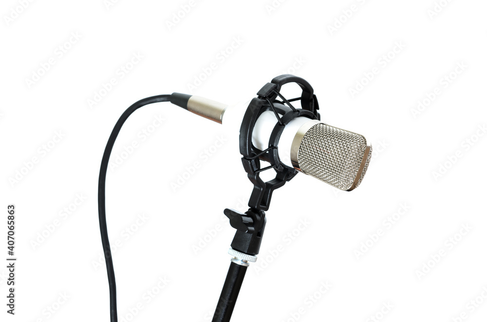 Obraz premium Microphone installed on a rack on a white background