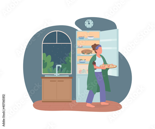 Late night eating 2D vector web banner, poster. Nighttime meal. Woman with fast food in kitchen flat character on cartoon background. Unhealthy eating habits printable patch, colorful web element