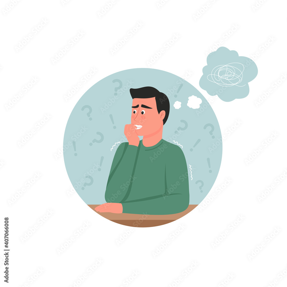 Stress and anxiety 2D vector web banner, poster. Panicked face. Frustration and depression. Man biting nails flat character on cartoon background. Bad habit printable patch, colorful web element Stress and anxiety 2D vector web banner, poster. Panicked face. Frustration and depression. Man biting nails flat character on cartoon background. Bad habit printable patch, colorful web element