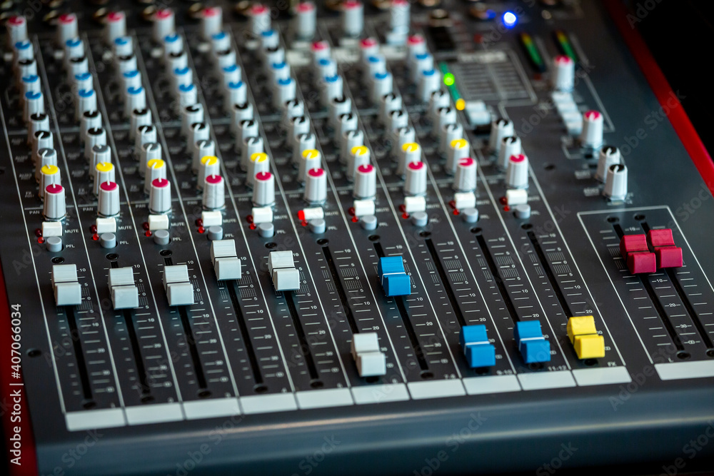 Mixing console in sound recording studio for music, sound recording, concert activities