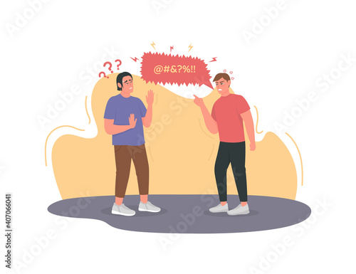 Angry man cursing, swearing 2D vector web banner, poster. Irritated guy. Quarrel, disagreement. Conflicting men flat characters on cartoon background. Bad habit printable patch, colorful web element