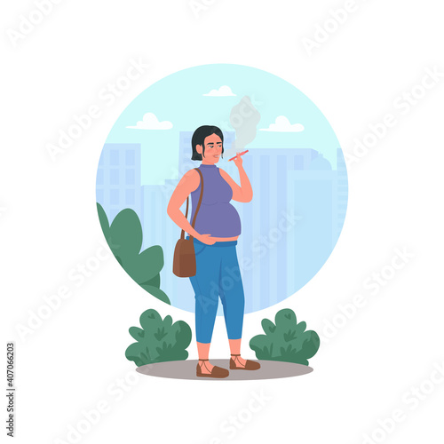 Smoking during pregnancy 2D vector web banner, poster. Pregnant woman with bad habit flat character on cartoon background. Drug abuse and addiction printable patch, colorful web element