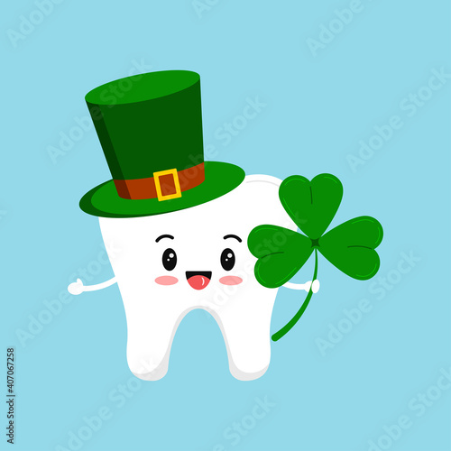 St Patrick tooth in leprechaun hat and shamrock in hand. Dental tooth irish character with three leaves clover, green cylinder hat. Flat design cartoon style dentist celebration vector illustration.