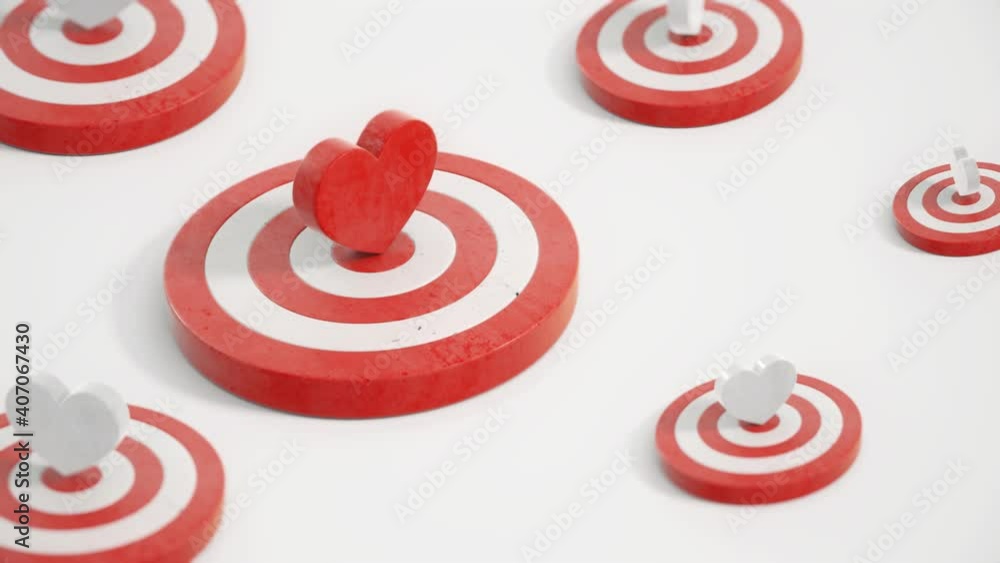 Red big heart symbol in the center of a target with white little hearts around 3d render. Loop rotation of hearts, symbols animation with camera depth of field effect. Red big heart symbol in the center of a target with white little hearts around 3d render. Loop rotation of hearts, symbols animation with camera depth of field effect.