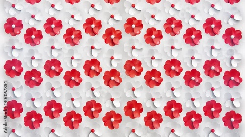 Red and white flowers pattern 3d render background. Loop rotation animation of simple flower symbols on white.