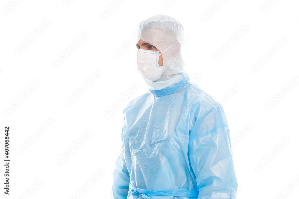 Emergency physician wear medical mask hood and gown to work during covid-19 pandemic, critical care Emergency physician wear medical mask hood and gown to work during covid-19 pandemic, critical care
