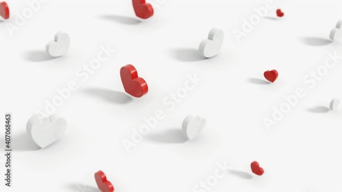 Red and white hearts pattern 3d render. Seamless animation of symbols in white studio with camera depth of field effect.