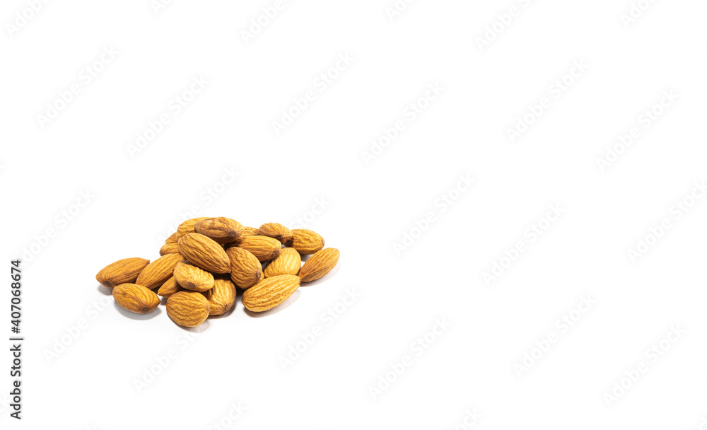 Appetizing vegetarian protein, almonds on a white background Appetizing vegetarian protein, almonds on a white background
