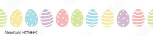 Easter egg seamless border vector with cute colourful painted easter eggs in pastel colors with dots and stripes isolated on white background.