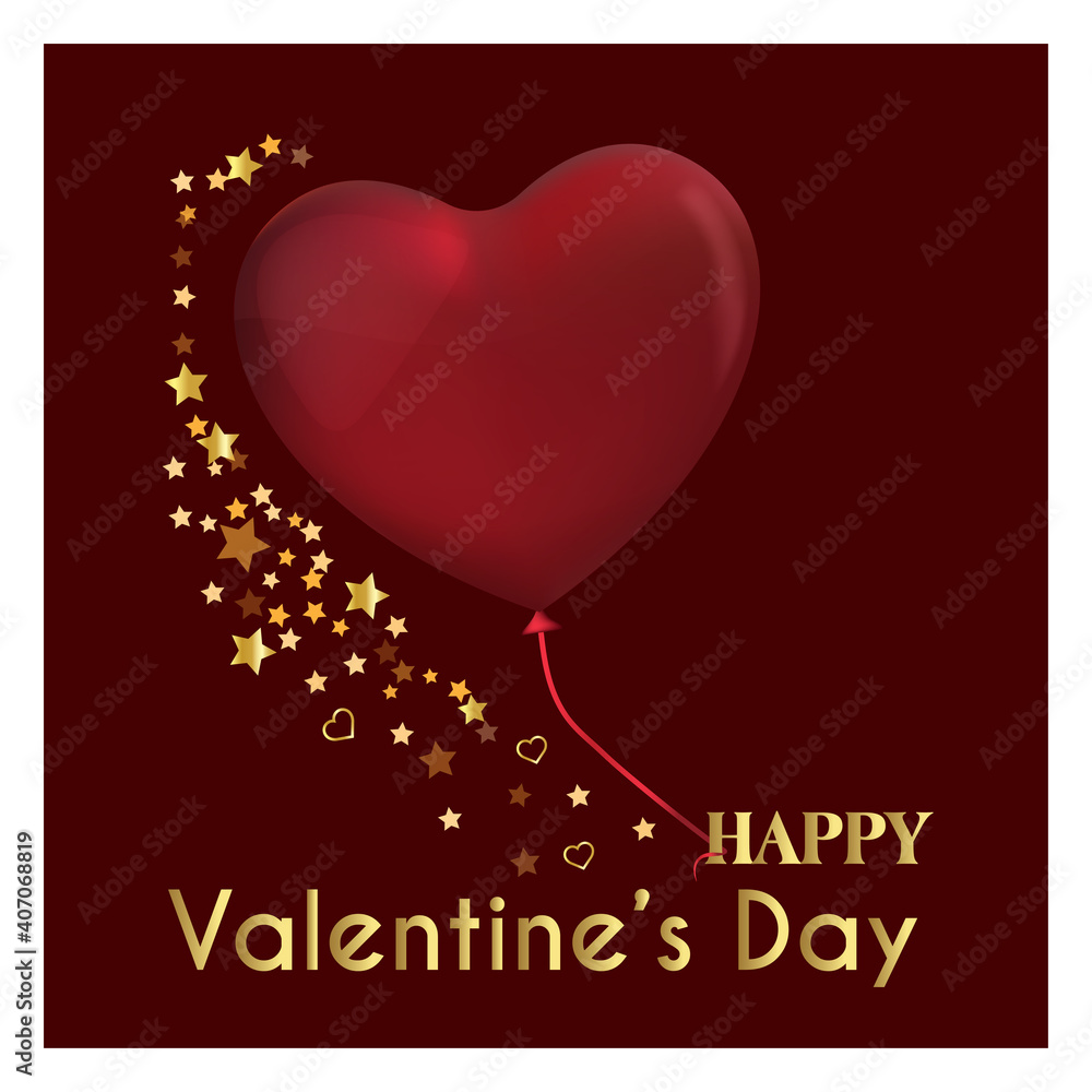 Happy Valentine's Day, wedding design. Realistic 3d festive decorative objects, heart shaped balloons, glitter gold confetti. Holiday stylish banner, poster, flyer, card 